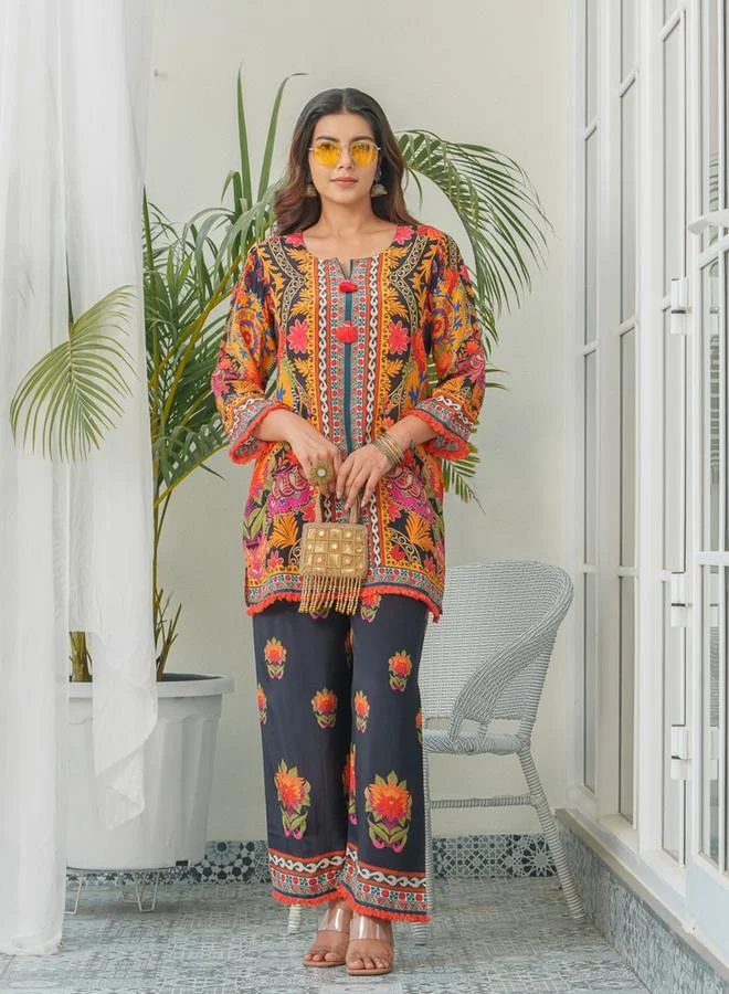 Dw  Women Printed Round Neck Tunic and Trousers Co-Ords for Women | Best Price UAE